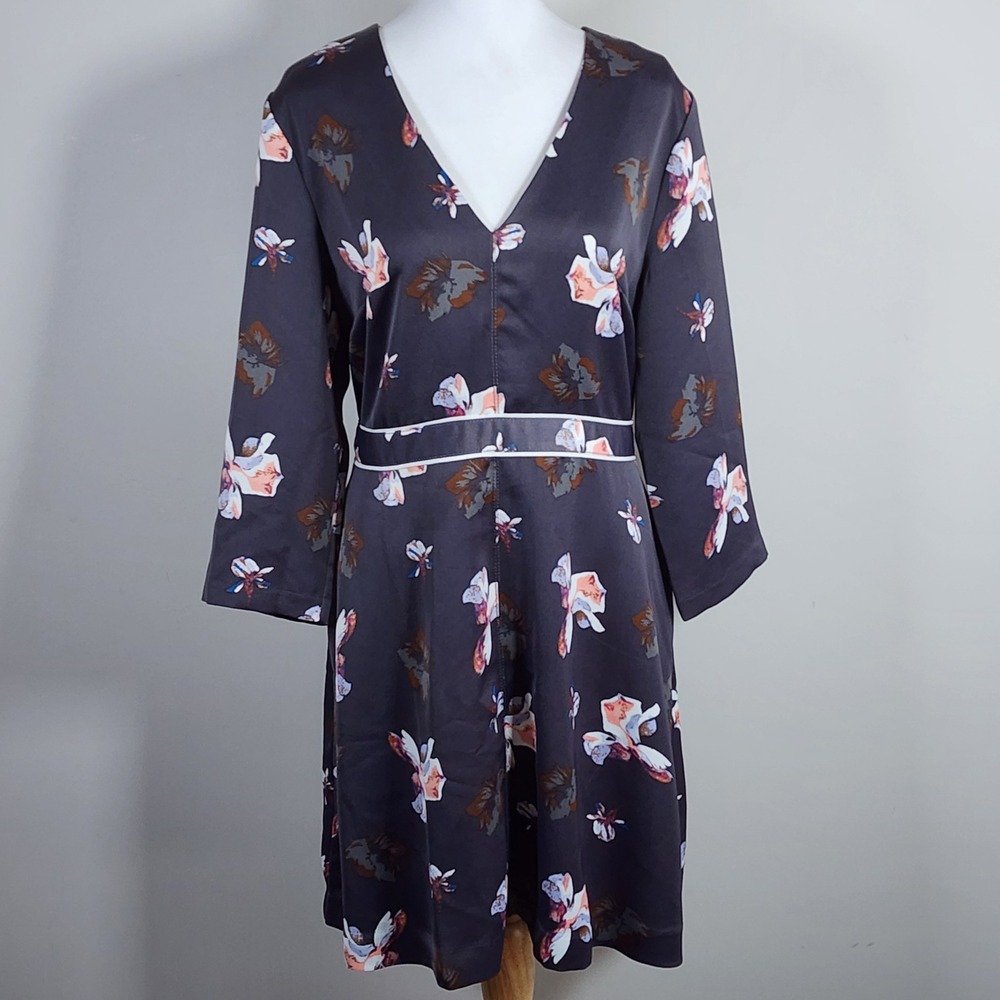 Banana Republic Dark Floral Dress Womens 14 Gray Satin Modest Wedding Event Wirk